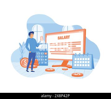 Concept salarial. Travailleur masculin regardant son salaire sur le téléphone portable tout en se tenant debout avec l'ordinateur , le calendrier, et pile de pièces de monnaie. vecteur plat illustr moderne Illustration de Vecteur