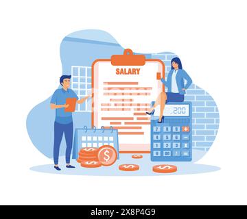 Concept de vecteur de salaire. travailleur féminin regardant son salaire sur le téléphone portable et travailleur masculin debout avec presse-papiers, pile de pièces de monnaie et calculatrice. plat v Illustration de Vecteur