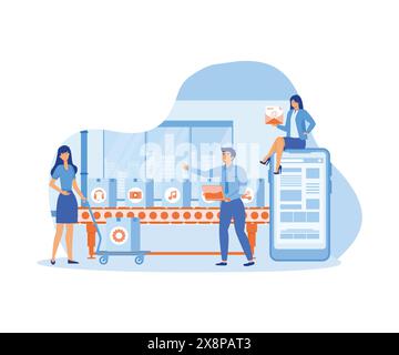 Une ligne de production avec travailleurs, automatisation et concept d'interface utilisateur. connexion, chargement d'un smartphone et partage de données multimédia avec un système. version plate Illustration de Vecteur