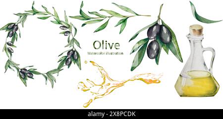 Set aquarelle brindilles d'olive, fruits, feuilles. Couronne, guirlande. Olives noires et vertes. Huile d'olive. Pour les cosmétiques de conception d'emballage, cuisine, textiles de maison Banque D'Images