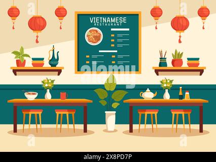 Restaurant de nourriture vietnamienne illustration vectorielle d'Un menu présentant une collection de divers plats délicieux de cuisine dans un fond de dessin animé de style plat Illustration de Vecteur