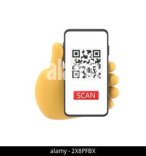 3d dessin animé rend les mains féminines smartphone et utilise le service d'application mobile avec la conception de bannière de code QR de balayage. Technologie et concept d'entreprise.rendu 3D. Banque D'Images