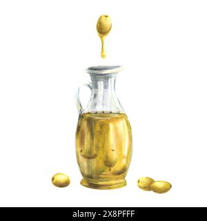 Huile d'olive dans une cruche en verre et fruits de baies vertes d'olive avec une goutte d'huile jaune Aquarelle dessinée à la main illustration de nourriture arrangement pour sauce aux légumes Banque D'Images