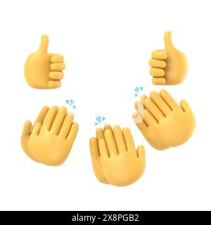 Ensemble de mains de gens applaudissant, donnant des likes. Applaudissements, Ovation, célébration, enlèvement. Illustration de doodle plat dans le style de dessin animé mignon.rendu 3D sur wh Banque D'Images