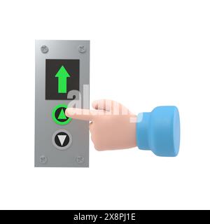 Homme d'affaires appuie sur le bouton de levage. conception plate d'illustration 3d. Appelez l'ascenseur. Flèche vers le haut. Montez au dernier étage. Doigt sur le bouton.rendu 3D activé Banque D'Images