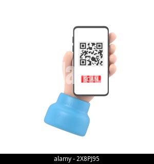 3d dessin animé rend les mains féminines smartphone et utilise le service d'application mobile avec la conception de bannière de code QR de balayage. Technologie et concept d'entreprise.rendu 3D. Banque D'Images