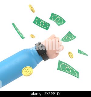 3d dessin animé rendre bras d'homme avec montre à main ou réveil et volant autour de la conception de bannière de billets de banque et de pièces de monnaie. Gagner de l'argent, Investment.rendu 3D. Banque D'Images