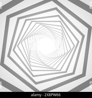 Un motif géométrique monochrome s'enroule en spirale vers un point central, créant une illusion optique de profondeur sur une surface bidimensionnelle. Illustration de Vecteur