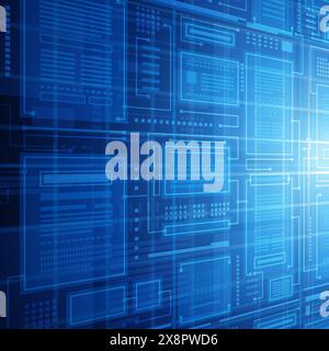 Vue rapprochée d'un motif numérique de type circuit dans différentes nuances de bleu , suggérant un concept de technologie et de flux de données. Illustration de Vecteur