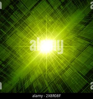 Vue rapprochée d'un motif numérique de type circuit dans différentes nuances de vert, suggérant un concept de technologie et de flux de données. Illustration de Vecteur