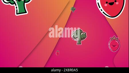 Image de brocoli et de tomates tombant sur un motif abstrait sur fond rose Banque D'Images