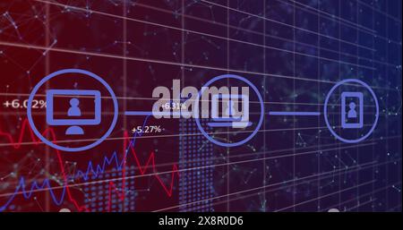 Illustration d'un organigramme d'icônes sur plusieurs graphiques avec des nombres changeants sur des points connectés Banque D'Images