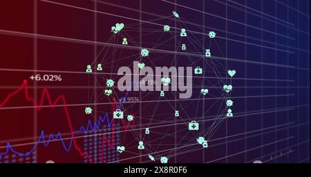 Image d'icônes connectées formant un globe avec des graphiques et changeant les chiffres sur fond noir Banque D'Images
