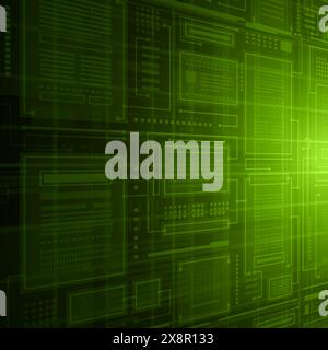 Vue rapprochée d'un motif numérique de type circuit dans différentes nuances de vert, suggérant un concept de technologie et de flux de données. Illustration de Vecteur