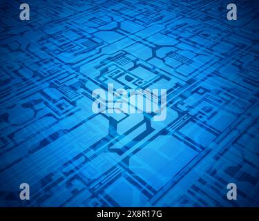 Vue rapprochée d'un motif numérique de type circuit dans différentes nuances de bleu, suggérant un concept de technologie et de flux de données. Illustration de Vecteur