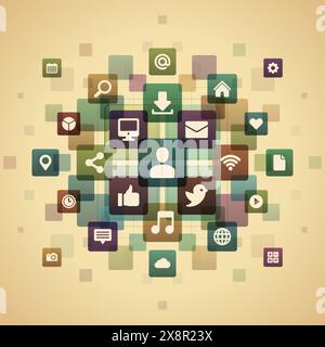 Diverses icônes de médias sociaux et de communication flottent sur un fond abstrait lumineux et coloré, symbolisant la connectivité et les interactions numériques. Illustration de Vecteur