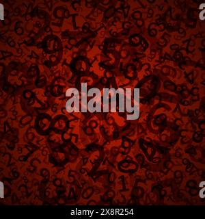 Un fond abstrait rouge rempli de divers nombres et symboles de différentes tailles et couleurs. Illustration de Vecteur