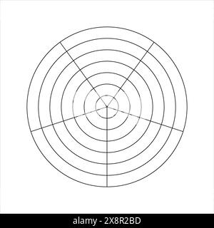 Diagramme rond avec des cercles concentriques divisés sur 5 secteurs égaux. Diagramme radar circulaire, roue de la vie ou modèle de suivi des habitudes avec 5 segments isolés Illustration de Vecteur