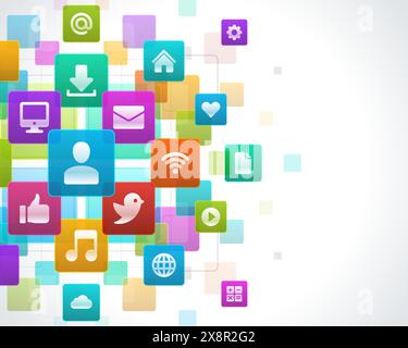 Diverses icônes de médias sociaux et de communication flottent sur un fond abstrait lumineux et coloré, symbolisant la connectivité et les interactions numériques. Illustration de Vecteur