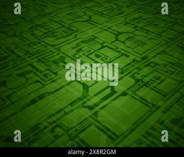 Vue rapprochée d'un motif numérique de type circuit dans différentes nuances de vert, suggérant un concept de technologie et de flux de données. Illustration de Vecteur