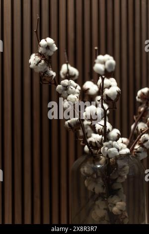 Branches de coton dans un vase en verre sur un fond en bois Banque D'Images