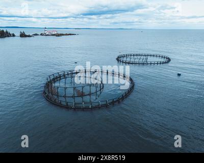 Ferme à saumons et phare de Head Harbor, île de Campobello, Canada Banque D'Images