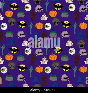 Modèle sans couture avec des icônes d'Halloween sur fond violet Illustration de Vecteur