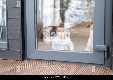 Mignon bébé garçon et Jack Russell terrier chien regardant à travers la fenêtre du patio. Banque D'Images