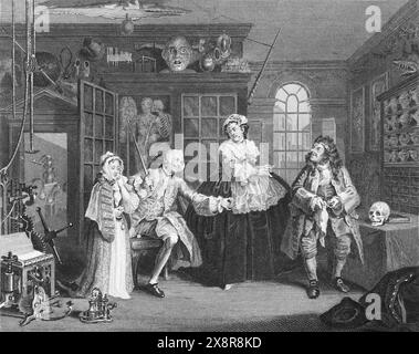 Illustration en noir et blanc : 'scène avec le Quack'. Gravure d'après William Hogarth (1697 - 1764) de sa série, 'Marriage a la mode' Banque D'Images