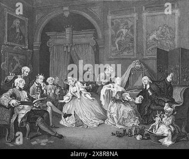 Illustration en noir et blanc : 'scène de toilette'. Gravure d'après William Hogarth (1697 - 1764) de sa série, 'Marriage a la mode' Banque D'Images