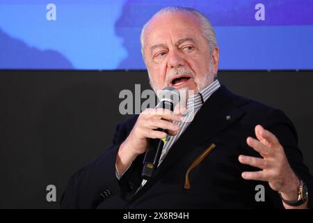 Trentola Ducenta, Italie, 27 mai 2024. Le président de l'équipe de football de Naples, Aurelio de Laurentiis, lors de la conférence "L'Italie est-elle un pays raciste?". Crédit : Marco Cantile/Alamy Live News Banque D'Images