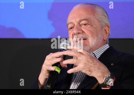 Trentola Ducenta, Italie, 27 mai 2024. Le président de l'équipe de football de Naples, Aurelio de Laurentiis, lors de la conférence "L'Italie est-elle un pays raciste?". Crédit : Marco Cantile/Alamy Live News Banque D'Images