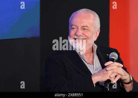 Trentola Ducenta, Italie, 27 mai 2024. Le président de l'équipe de football de Naples, Aurelio de Laurentiis, lors de la conférence "L'Italie est-elle un pays raciste?". Crédit : Marco Cantile/Alamy Live News Banque D'Images