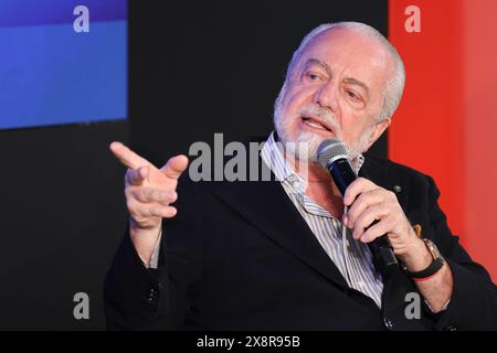 Trentola Ducenta, Italie, 27 mai 2024. Le président de l'équipe de football de Naples, Aurelio de Laurentiis, lors de la conférence "L'Italie est-elle un pays raciste?". Crédit : Marco Cantile/Alamy Live News Banque D'Images