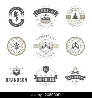 Modèles de logos de camping éléments de conception vectorielle et silhouettes ensemble, montagnes d'aventure en plein air et expéditions en forêt, emblèmes de style vintage et badg Illustration de Vecteur
