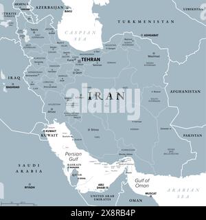 Iran avec des provinces, carte politique grise, avec des frontières, la capitale Téhéran et les grandes villes. La République islamique d'Iran, également connue sous le nom de Perse. Banque D'Images