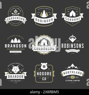 Modèles de logos de camping éléments de conception vectorielle et silhouettes ensemble, montagnes d'aventure en plein air et expéditions en forêt, emblèmes de style vintage et badg Illustration de Vecteur