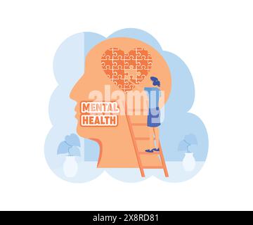 Concept de santé mentale. Une fille qui fait un puzzle de coeur dans le cerveau. Journée mondiale de la santé mentale. Thérapie psychologique et plan de traitement. mode vectoriel plat Illustration de Vecteur