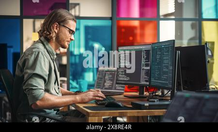 Programmeur masculin écrit du code sur un ordinateur de bureau avec une configuration de plusieurs moniteurs et un ordinateur portable de côté dans Creative Office. Homme caucasien développant une application mobile pour un service en ligne innovant de démarrage technologique. Banque D'Images