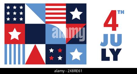 Bonne fête de l'indépendance, vacances du 4 juillet. Carte de voeux géométrique moderne, invitation. Design abstrait. Étoiles, rayures, couleurs du drapeau américain. Vecteur Illustration de Vecteur