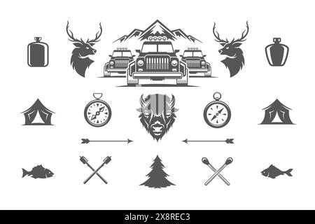 Camping d'été et aventures en plein air éléments de conception et icônes set illustration vectorielle. Montagnes, animaux sauvages et autres. Bon pour les t-shirts, les tasses, g Illustration de Vecteur