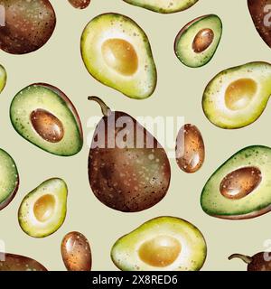 Motif d'avocat sans couture aquarelle. Fruits frais sur fond blanc. Moitiés de légumes dessinées à la main. Ornement de nutrition appropriée. Fond végétarien Banque D'Images