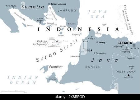 Détroit de Sunda, Indonésie, carte politique grise. Détroit entre les îles indonésiennes Java et Sumatra, reliant la mer de Java à l'océan Indien. Banque D'Images