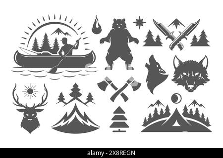Camping et aventures en plein air éléments de conception et icônes Set illustration vectorielle. Montagnes, animaux sauvages et autres. Bon pour les t-shirts, les tasses, les salutations Illustration de Vecteur
