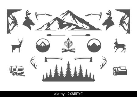 Camping et aventures en plein air éléments de conception et icônes Set illustration vectorielle. Montagnes, animaux sauvages et autres. Bon pour les t-shirts, les tasses, les salutations Illustration de Vecteur