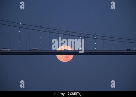 Pleine lune sur le pont du Bosphore la nuit. La pleine lune lumineuse domine le ciel. Parfait pour les thèmes liés à l'astronomie, phases lunaires. Banque D'Images