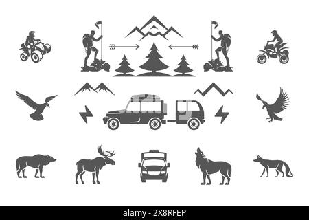 Camping et aventures en plein air éléments de conception et icônes Set illustration vectorielle. Montagnes, animaux sauvages et autres. Bon pour les t-shirts, les tasses, les salutations Illustration de Vecteur