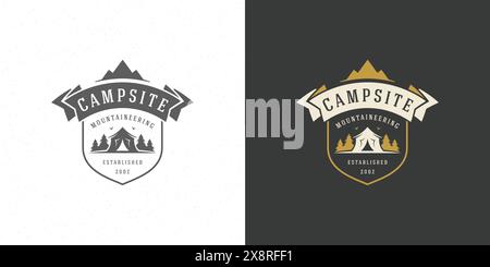 Logo de camping forestier emblème illustration vectorielle de camping d'été avec des silhouettes de tente et de pins pour chemise ou timbre d'impression. Badge typographique vintage Illustration de Vecteur