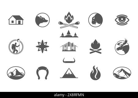 Camping et aventures en plein air éléments de conception et icônes Set illustration vectorielle. Montagnes, animaux sauvages et autres. Bon pour les t-shirts, les tasses, les salutations Illustration de Vecteur