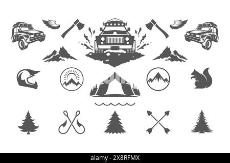 Camping et aventures en plein air éléments de conception et icônes Set illustration vectorielle. Montagnes, animaux sauvages et autres. Bon pour les t-shirts, les tasses, les salutations Illustration de Vecteur